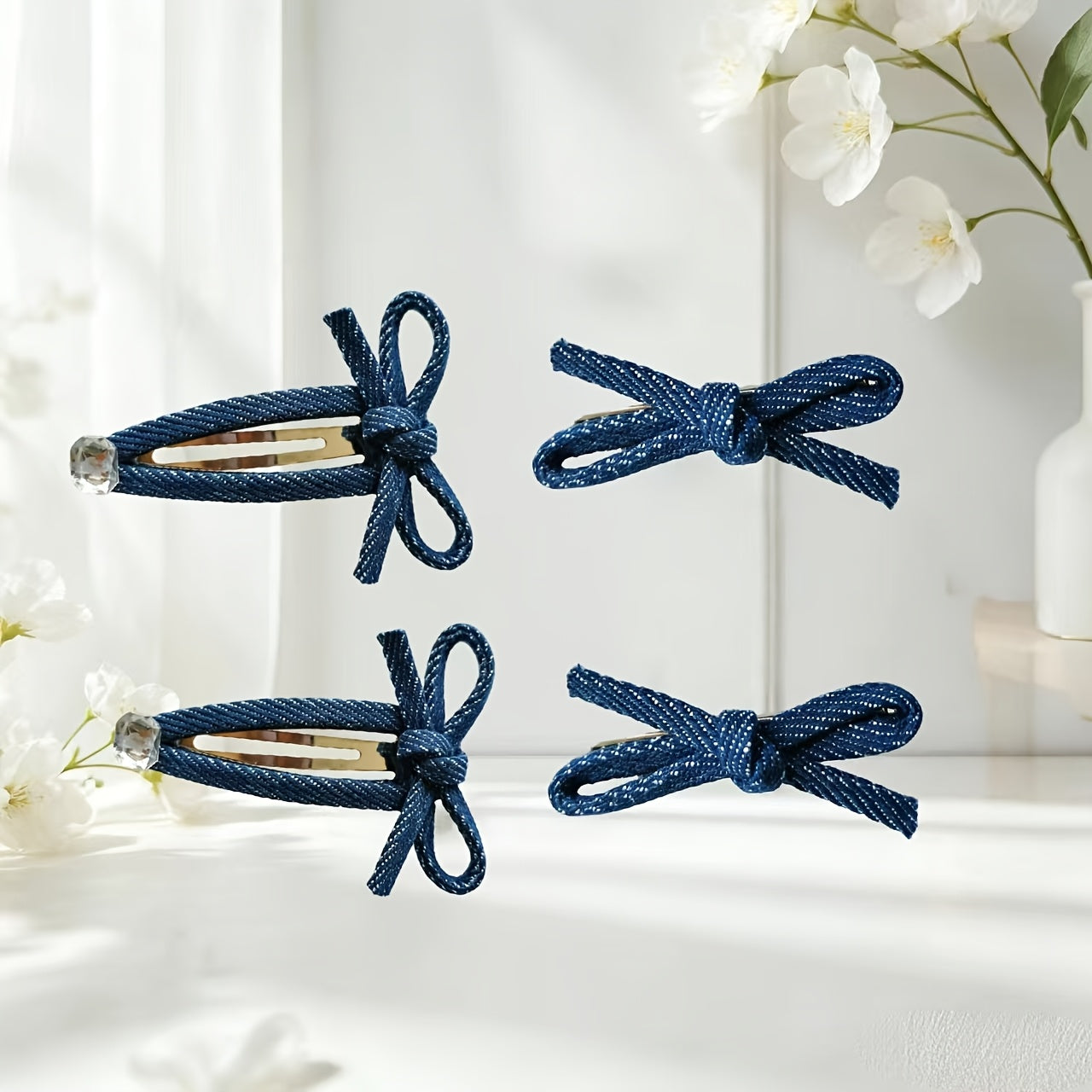 2-Pack\u002F4-Pack Denim Bow Edge Hair Clips, Cute Student Girly Style Duckbill Clips for Flyaway Hair, Hair Styling Accessories