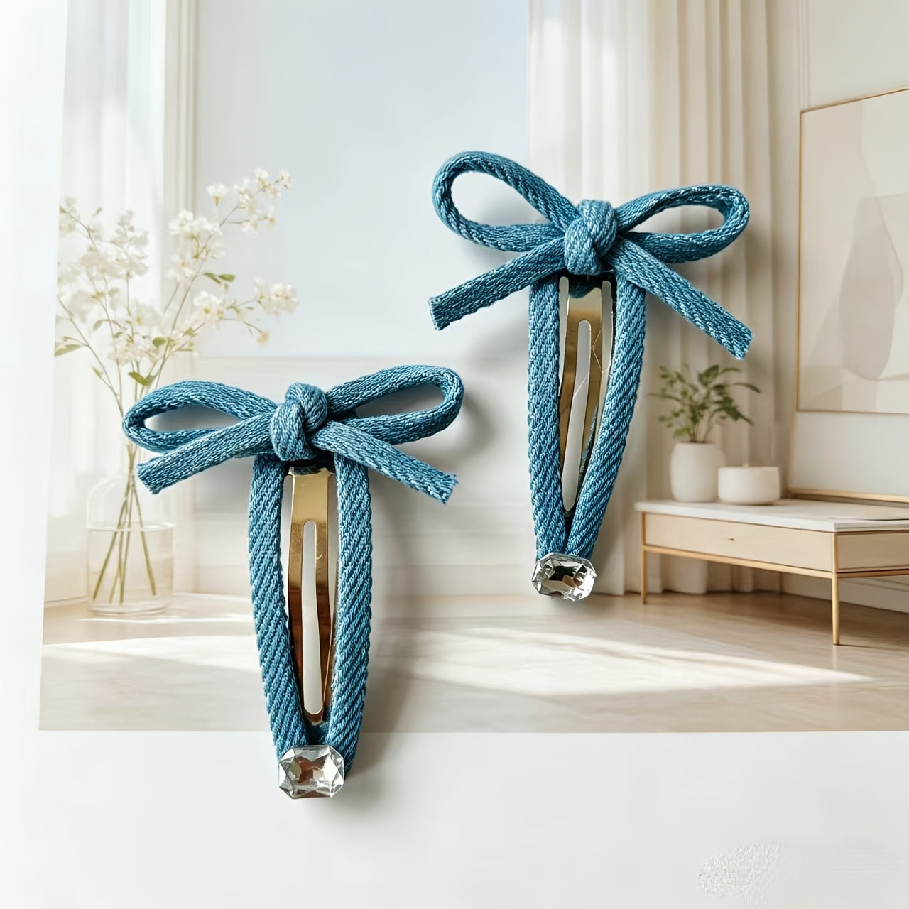 2-Pack\u002F4-Pack Denim Bow Edge Hair Clips, Cute Student Girly Style Duckbill Clips for Flyaway Hair, Hair Styling Accessories
