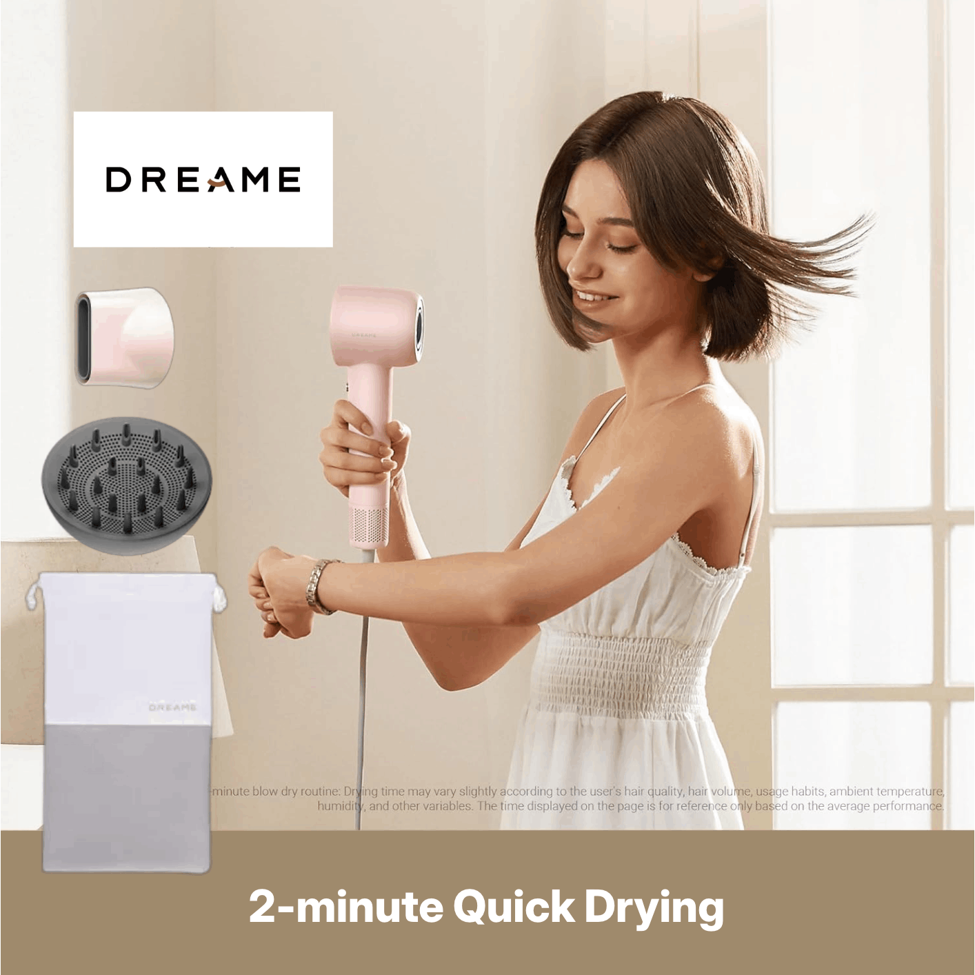 Hair Dryer - Dreame Gleam Pink – Powerful Fast Drying, Lightweight, 200M Negative Ions for Frizz-Free Shine, Low Noise, Intelligent Temperature Control, 4 Temp Settings, Compact & Ergonomic Design,Pink