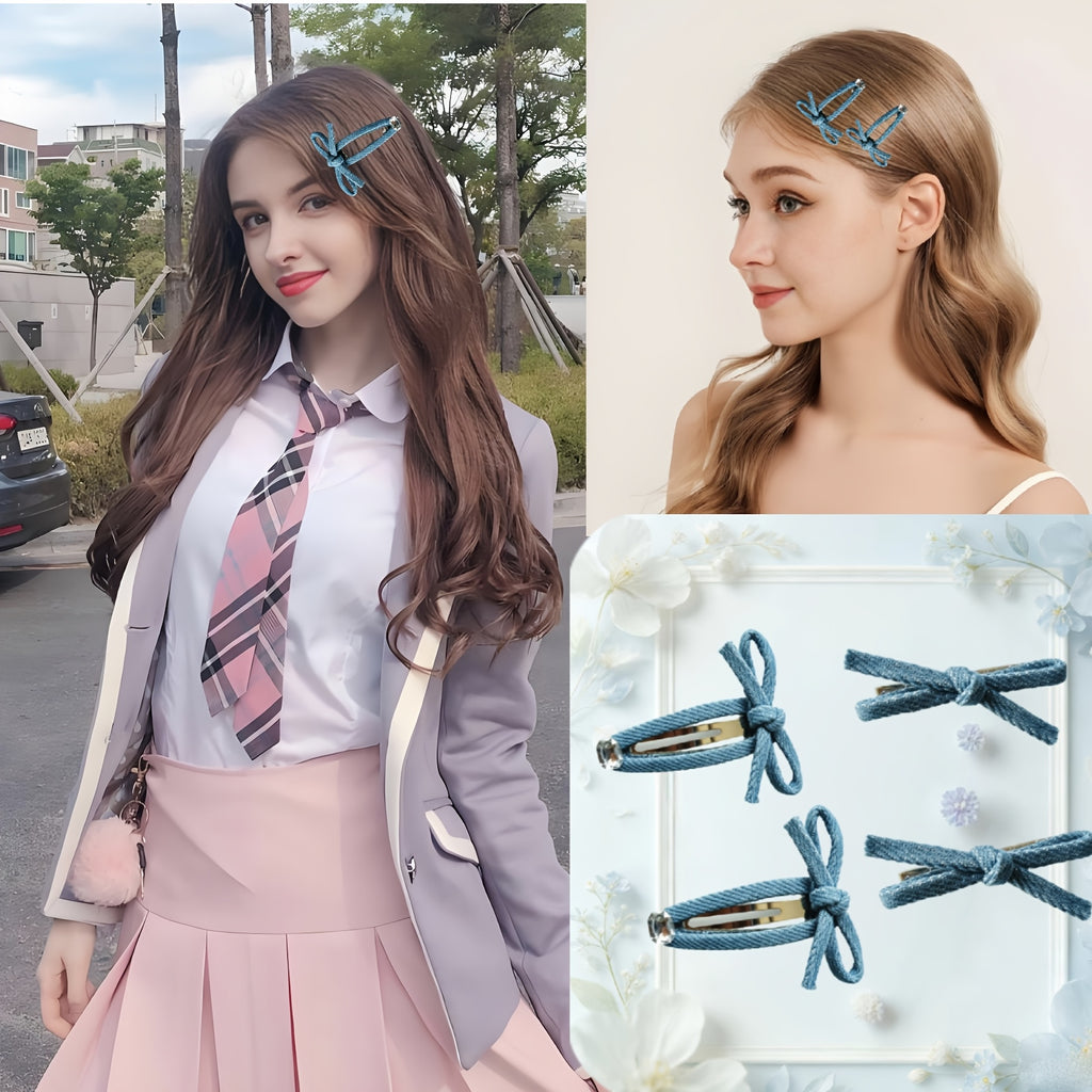 2-Pack\u002F4-Pack Denim Bow Edge Hair Clips, Cute Student Girly Style Duckbill Clips for Flyaway Hair, Hair Styling Accessories