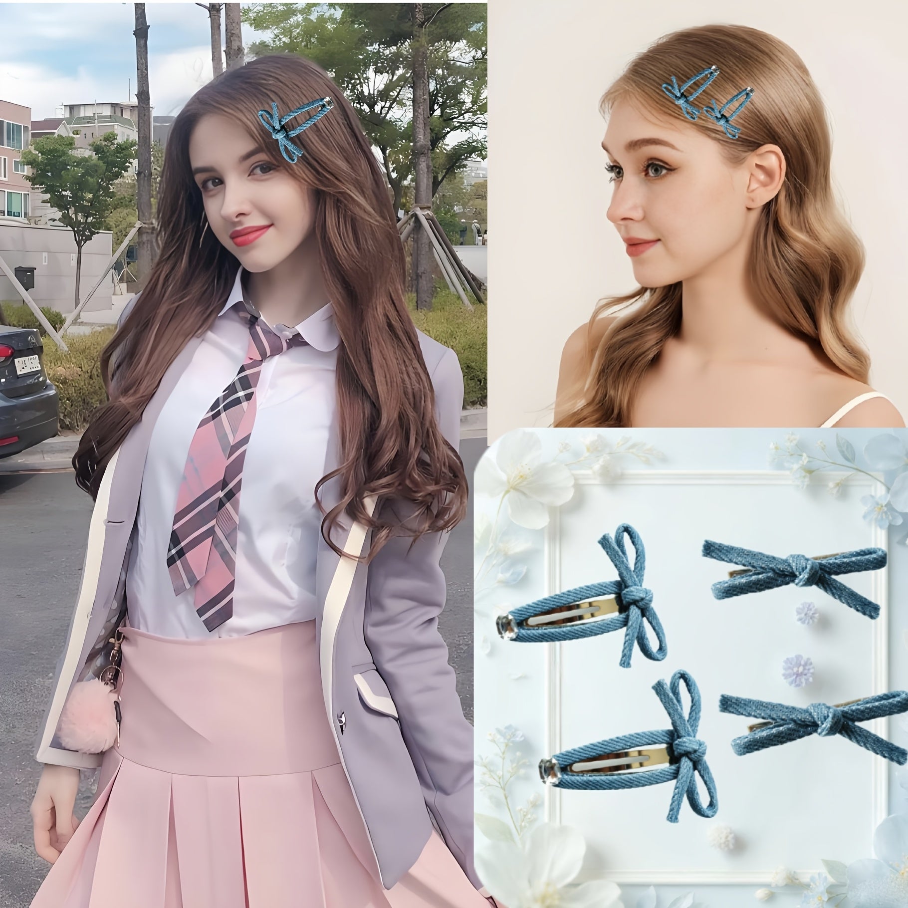 2-Pack\u002F4-Pack Denim Bow Edge Hair Clips, Cute Student Girly Style Duckbill Clips for Flyaway Hair, Hair Styling Accessories
