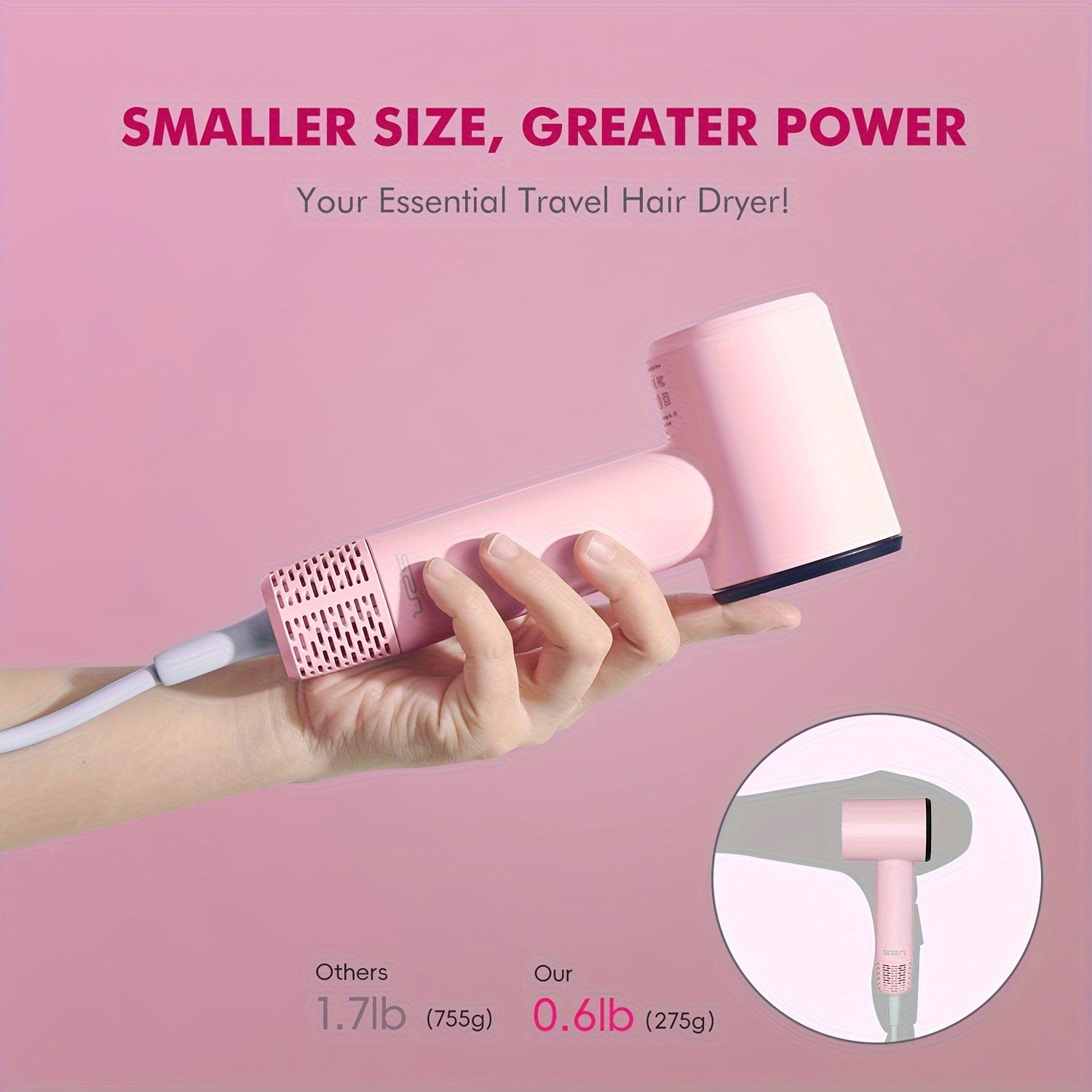 Mini Travel Hair Dryer Suptriblow, 110000 RPM Ionic Blow Dryer, Portable Hair Dryer For Fast Drying, Small Low Noise Hair Dryer With HD Digital Display, Compact Hair Dryer For Women - Pink